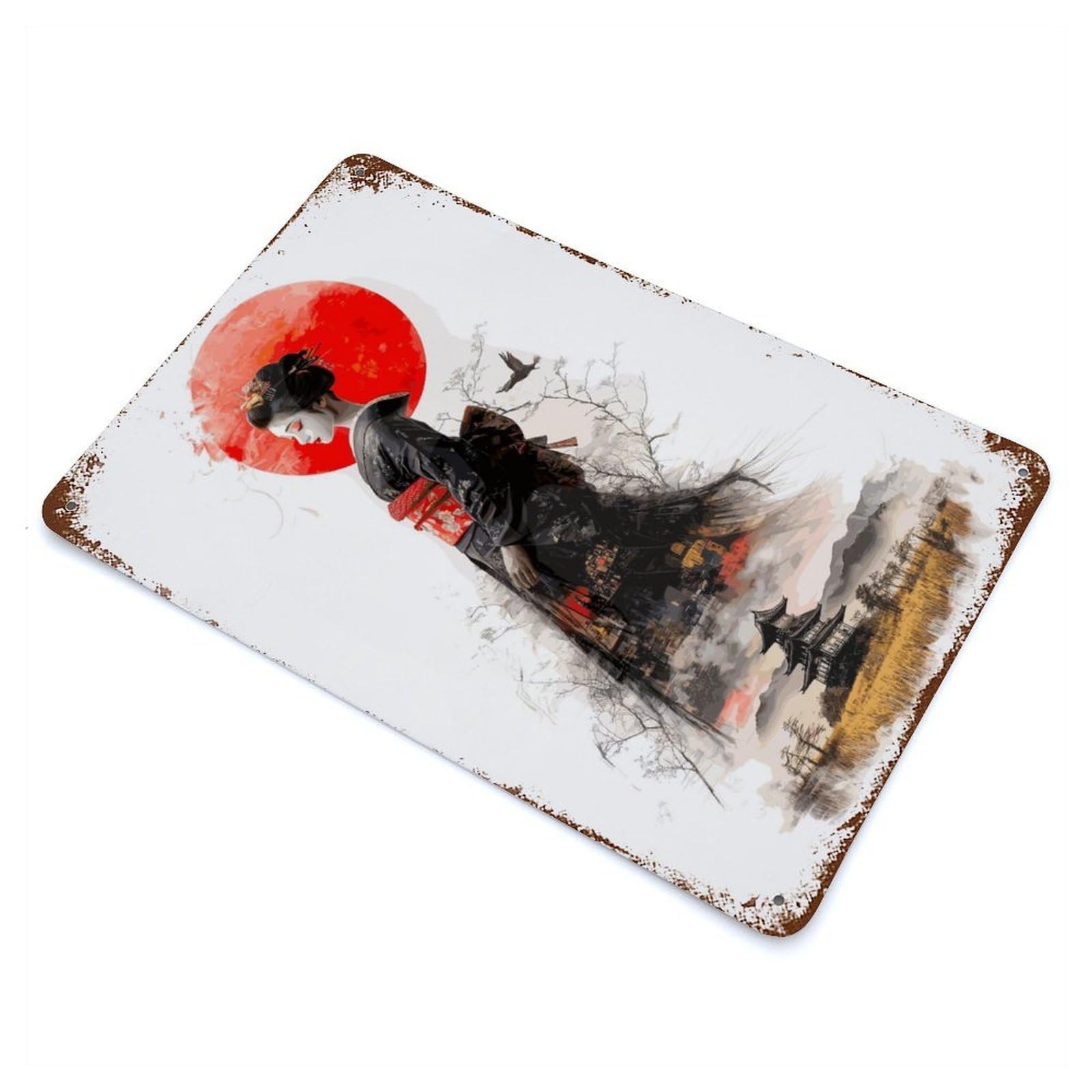 Geisha Japan Art Rustic Tin Plaque 11.8"x7.9", for Living Room, Hallway And Home Decor, Decorative Metal Wall Art