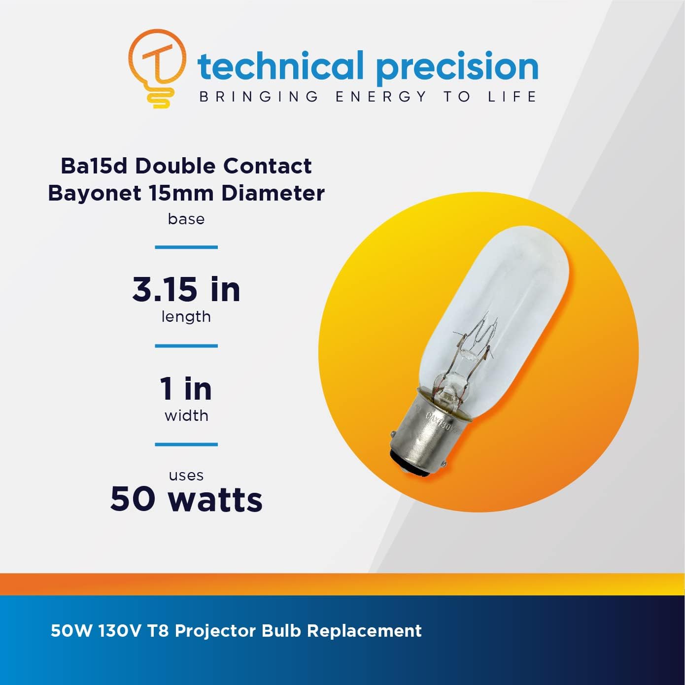 Technical Precision CAX 50W 130V Projector Bulb Replacement for Eiko CAX-130V Double Contact Bayonet Bulb BA15D Base T8 Incandescent Light Bulbs - Clear - 1 Pack