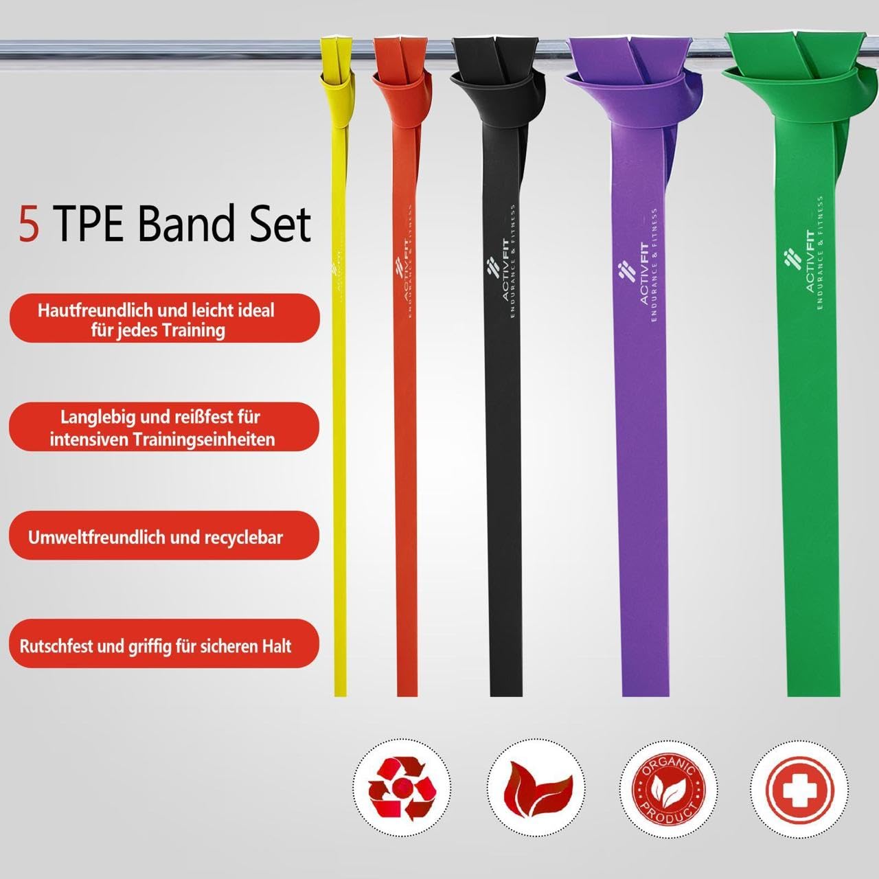 Bandas de resistencia – Juego de 5 bandas de resistencia – Pull Up Band & Klimmzugband para entrenamiento de fuerza, entrenamiento, estiramiento, terapia física, entrenamiento muscular