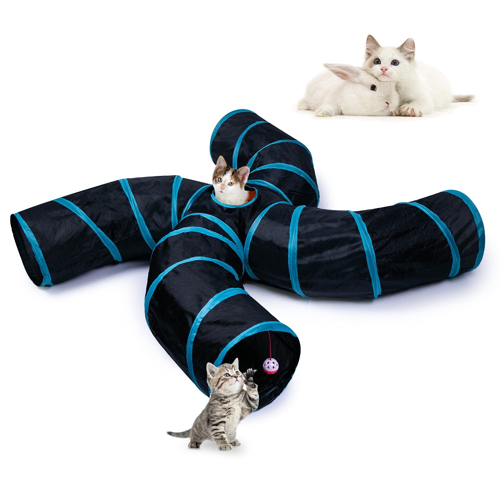 KASHIWA Cat Tunnel, Lndoor Cat Lnteractive Toys, 4 Way S Shape Collapsible Tube with Interactive Ball & Storage Bag, Pet Toys for Small Pets, Cat, Puppy, Kitty, Kitten, Rabbit (Black Blue)