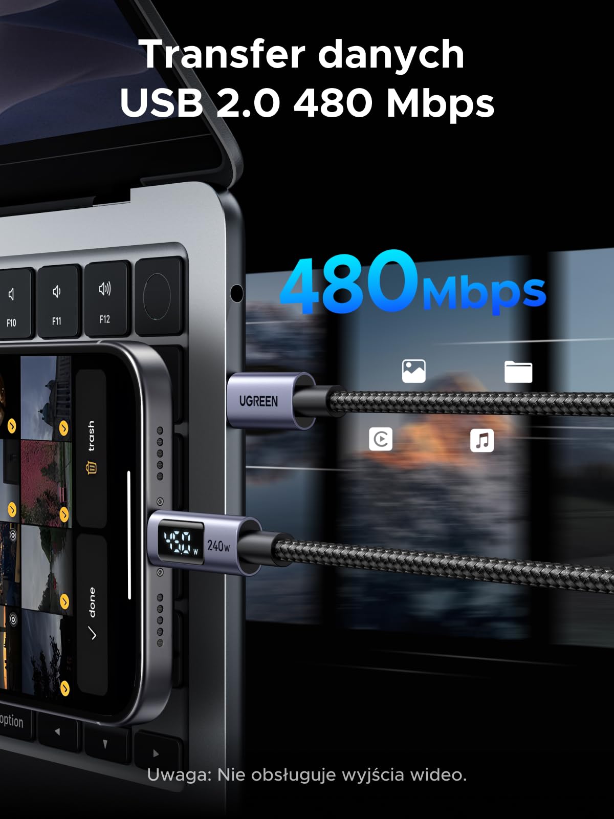 Kabel UGREEN 240 W USB-C do USB-C z wyświetlaczem cyfrowym, kabel do szybkiego ładowania PD3.1 z transferem danych 480 Mb/s i chipem E-Marker do modeli iPhone 17/16/15, Galaxy S25, MacBook (1 m)