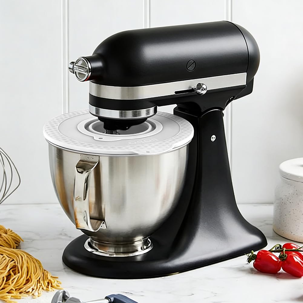 Silikonowa osłona misy do miksowania, kompatybilna z Kitchen-Aid 4,5-5 Quart, głowicą uchylną, mikserem stojącym, hermetyczna pokrywka o jakości spożywczej ze składaną małą miską (biała)