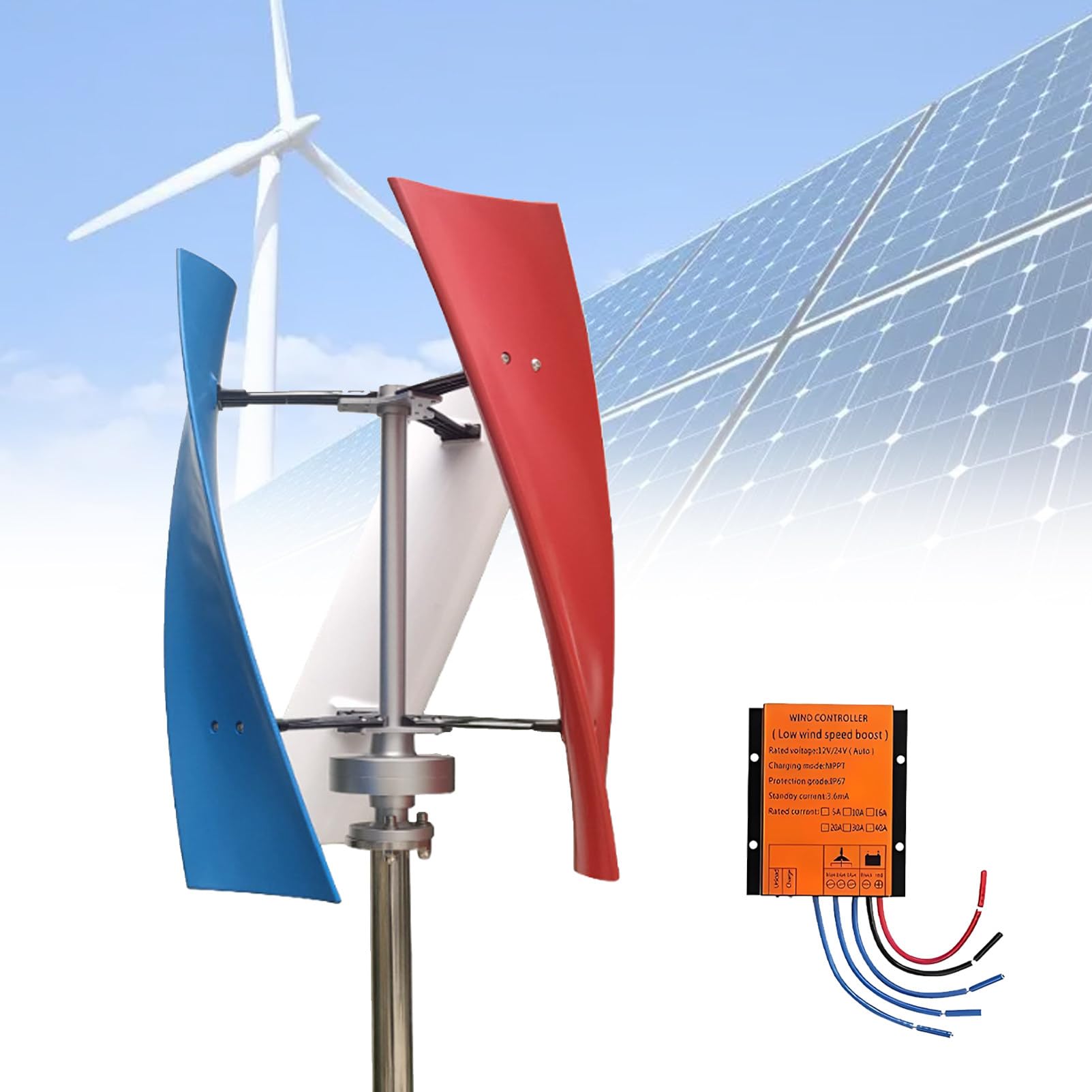 Ofyphth 12v/24v/48v Wind Turbine Generator Kit, Magnetic Levitation Wind Turbine, 3-Colors Vertical Axis Wind Turbine Generator, Mppt Controller, for Home. B-48V
