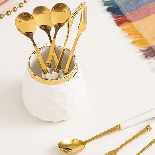 Miniatura 8 de Fvstar Juego de vajilla de acero inoxidable para café, cuchara de postre, tenedor de postre, tarro de cerámica con 4 tenedores y 4 cucharas, juego