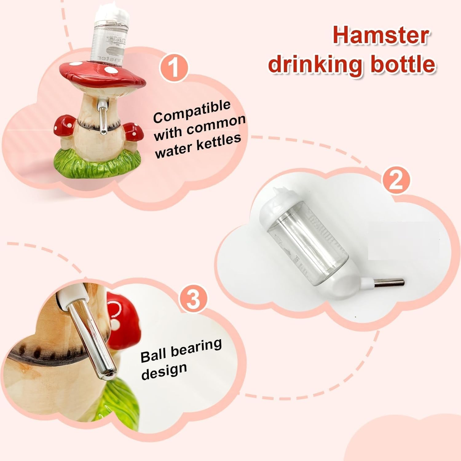 Mushroom Ceramic Hamster Hideout, Water Bottle with Stand, Food Bowl, Hamster Accessories (red)