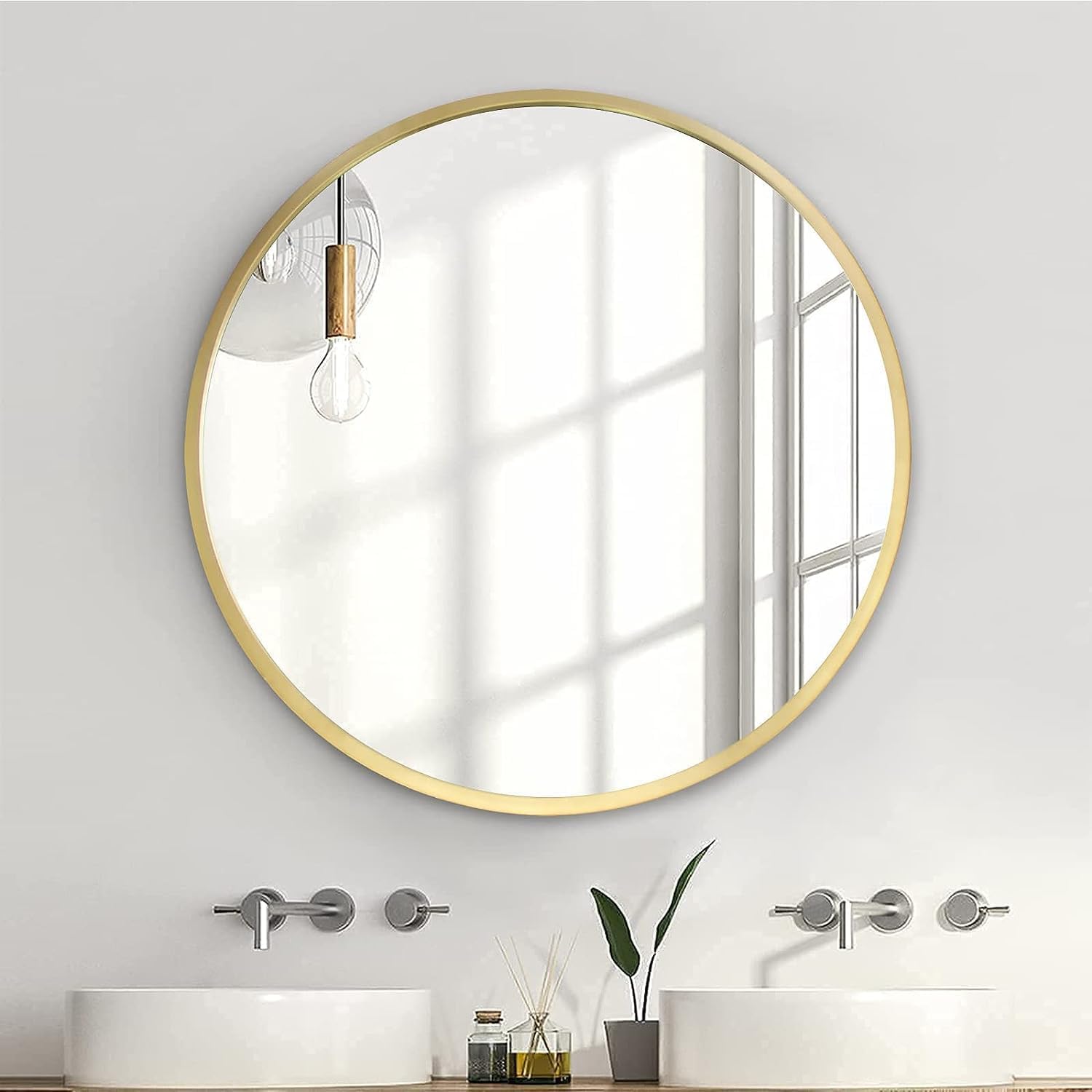 zenmag Espejo Redondo, 80 x 80 cm, Espejo de Pared Redondo con Marco de Metal Dorado de, Espejo de baño, diseño Moderno, Espejo grande, para Pasillo, baño, salón y más
