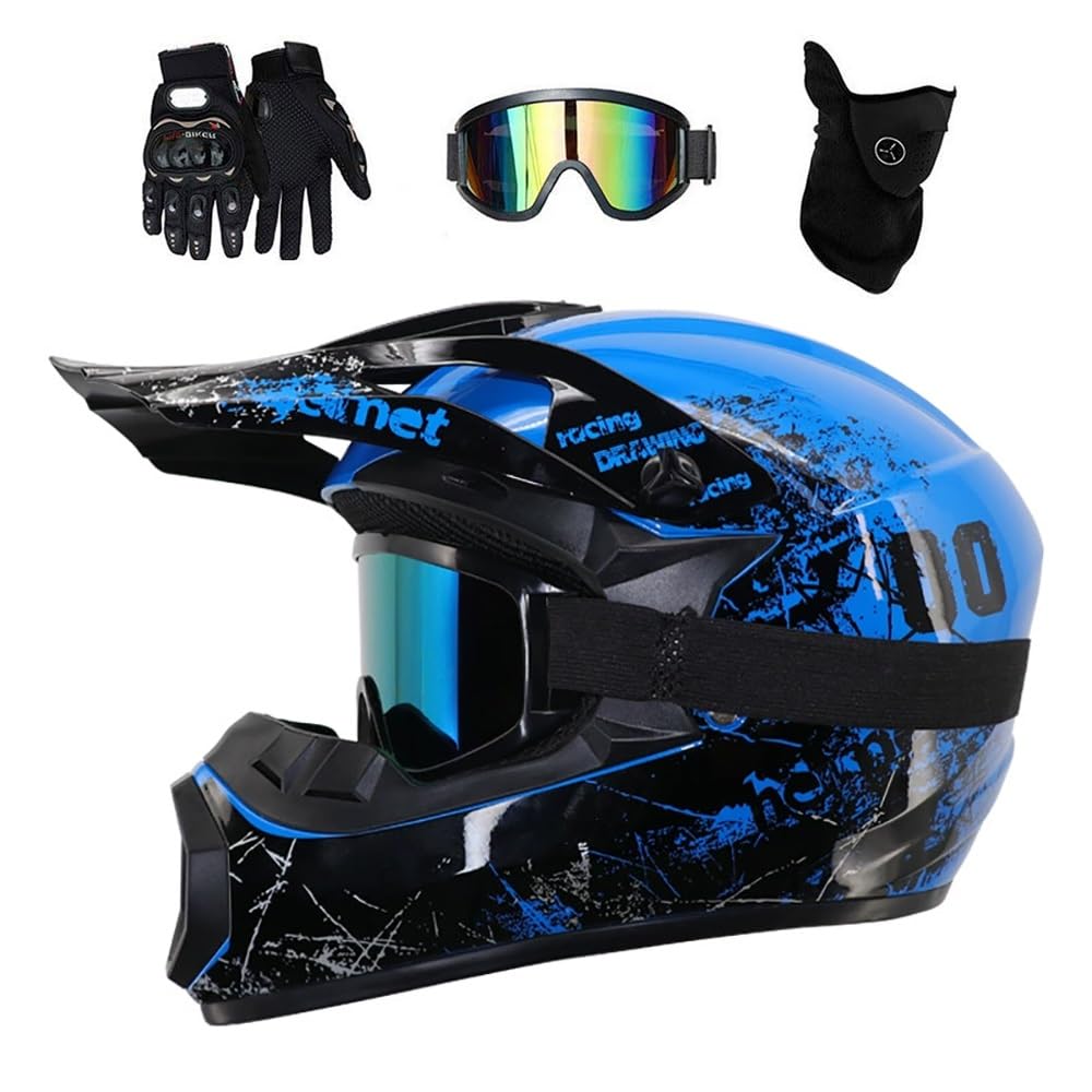 Dual Sport MTB Motocross Helmet, with Goggles Gloves Mask, Unisex Youth Full Face Off Road ATV Scooter Motorbike Helmet, Downhill Enduro Racing BMX Dirt Bike Crash Helmets(Blue,M/56-57CM)