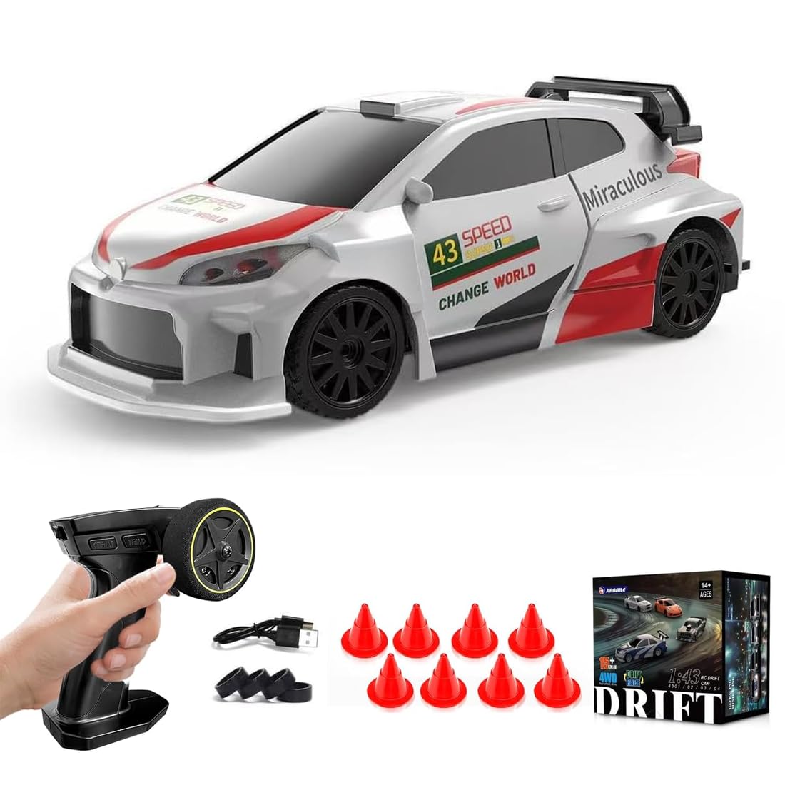 1/43 Scale Mini Drift Cars, Electric Full Proportional 2.4G Remote Control Racing Drift Car Model with Lights Kit, 15KM/H High Speed Vehicle Gift for Adults
