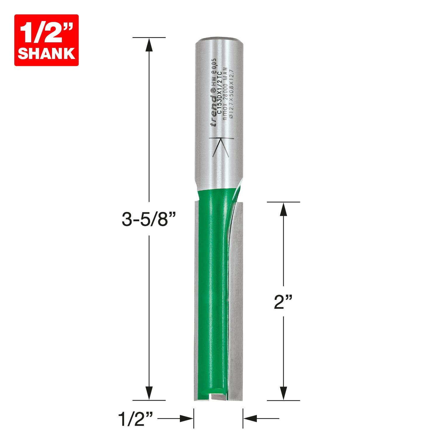 Trend CraftPro frez prosty dwupiórowy do frezarki górnowrzecionowej, trzpień 1/2 cala, średnica cięcia 12,7 mm, długość cięcia 50 mm, węglik spiekany (TCT), C153DX1/2TC