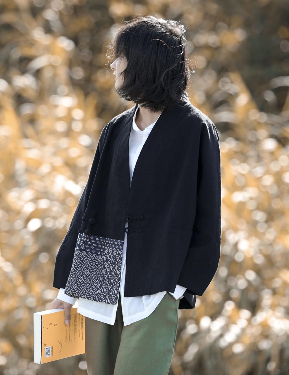 NFYM Chaqueta tipo kimono ligera para mujer, diseño de retazos, parte delantera abierta, con botones de rana, acolchado y forro de dos estilos