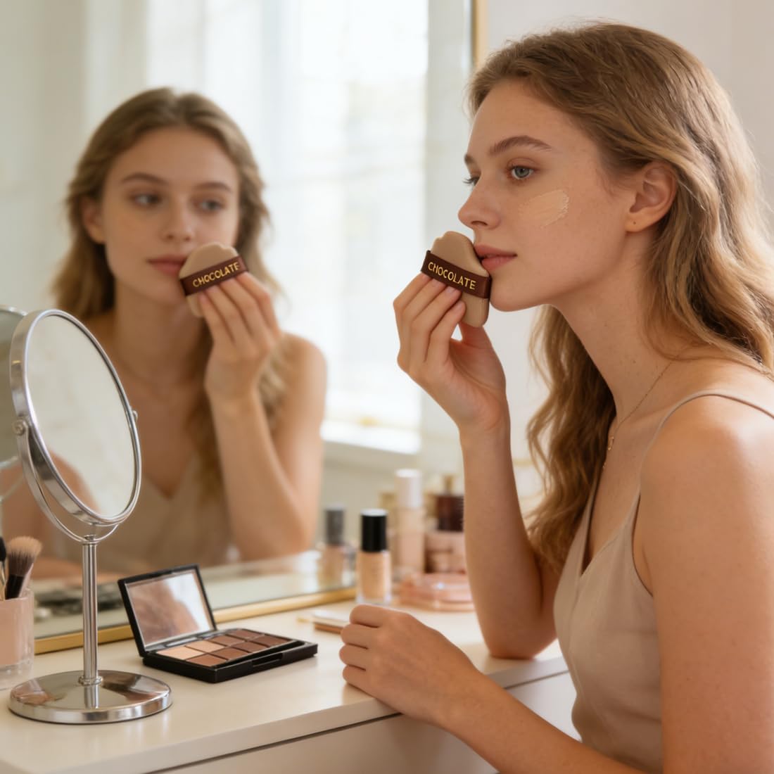 Piumini da Cipria, 6 pezzi, Chocolate powder puff, Wet and Dry Foundation Sponge Cushion Puffs, Tamponi per Cipria, Adatto per Cipria, Fondotinta, Blending, Concealer, per il Corpo Morbido
