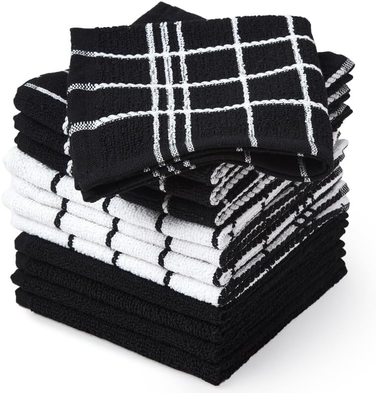 Encasa XO Kitchen Towels and Dish Cloths Sets | Terry Black Highly Absorbent Cotton Terry Towels | 12"x12" | Multipurpose for Washing Dishes and Cleaning Pack of 12