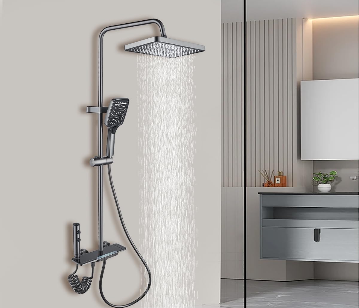 Colonne de douche avec Mitigeur, système de douche avec douche à effet de pluie 30x20cm, douchette à main,bec de baignoire caché,hauteur réglable, et pistolet d'arrosage pour la salle de bain