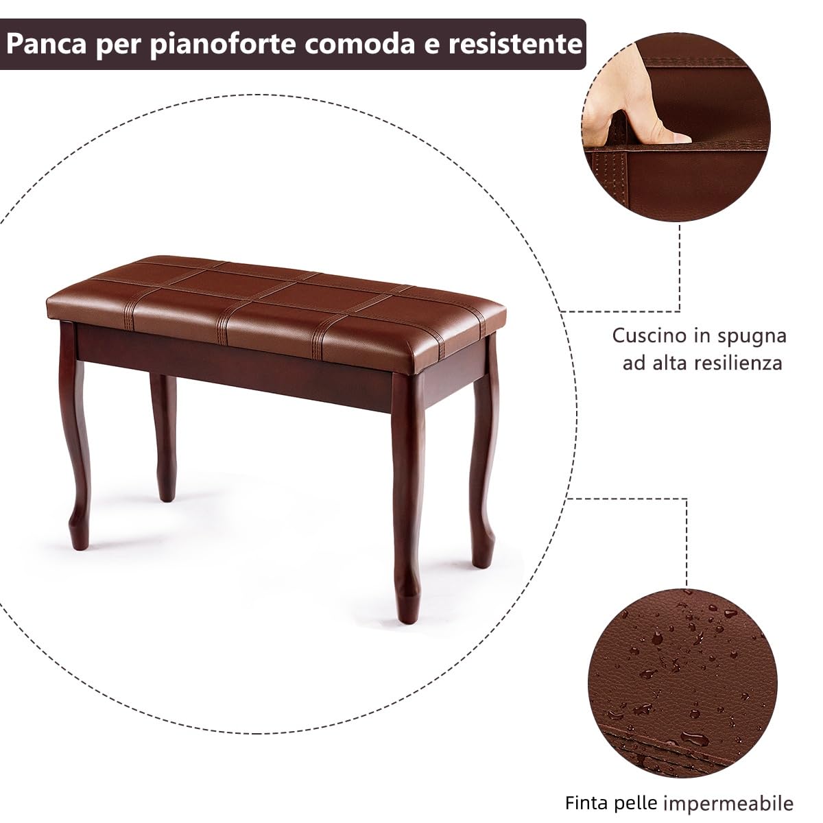 COSTWAY Panca per Piano Sgabello Panca Pianoforte, Cuscino Imbottito, con Scomparto di Immagazzinaggio, Costruzione in Legno Massiccio Rigido (Marrone)
