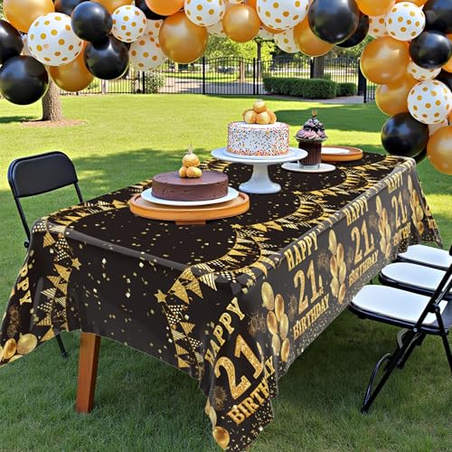 Image of Labeol 3 Pack 21st Birthday Tablecloth, Black and Gold Happy 21st Birthday Decorations, Disposable Plastic Rectangular Table Cover Party Supplies