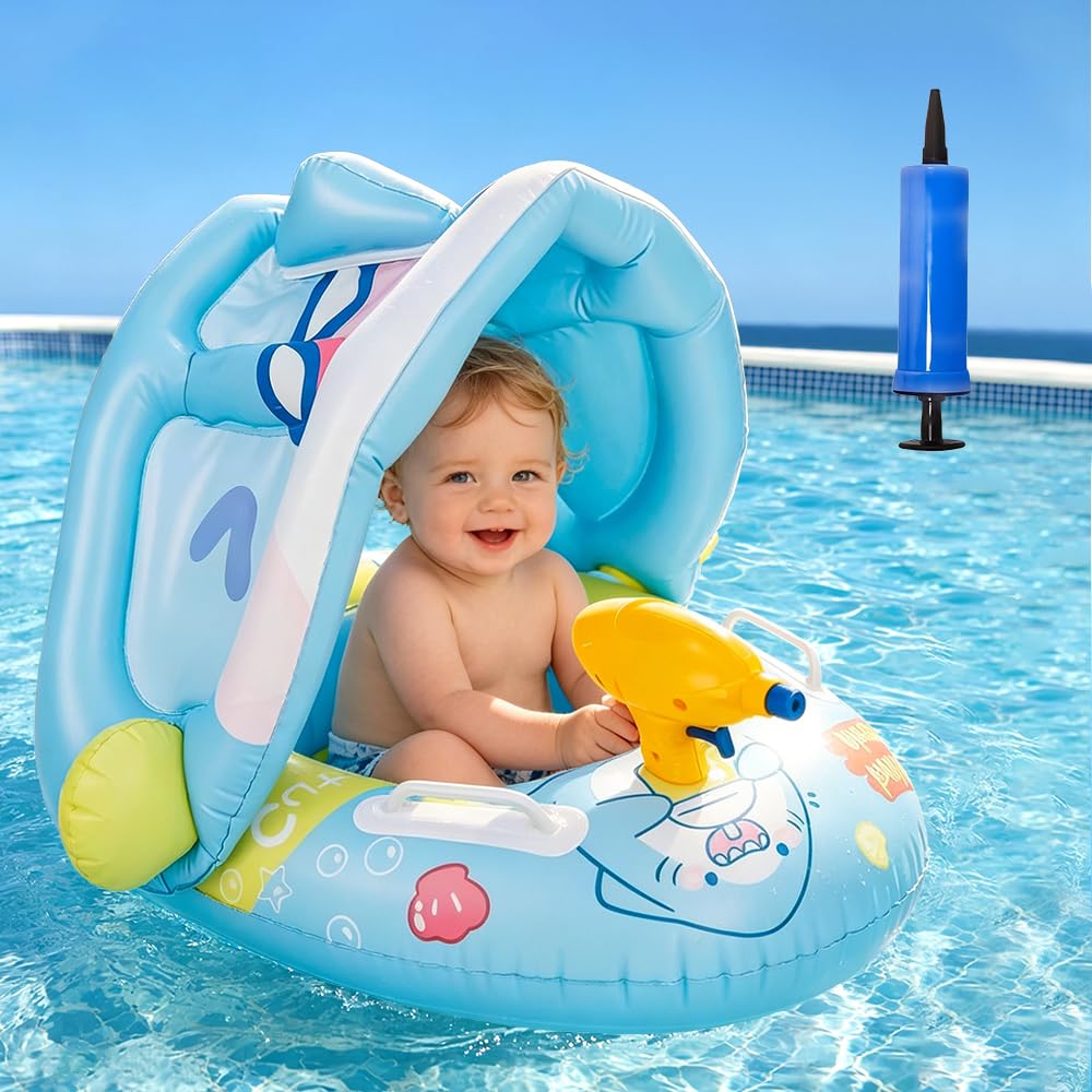 KQWVZ Baby Swimming Float, Baby Pool Float with Canopy & Water Gun SPF 50+, Baby Swim Float, Inflatable Baby Pool Float with Air Pump, Shark Design, Baby Swimming Ring for Kids Toddler 6-48 Months