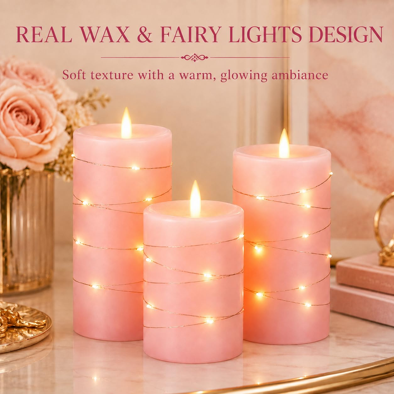 Upinmz Candele tremolanti senza fiamma con luci a stringa incorporate, candele a batteria con telecomando e timer, candele LED per decorazione domestica, vera cera, confezione da 3 pezzi, rosa