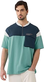 The Souled Store Bliss Men and Boys Short Sleeves Round Neck Green Colourblock Cotton Oversized Zipper Polos Price In India