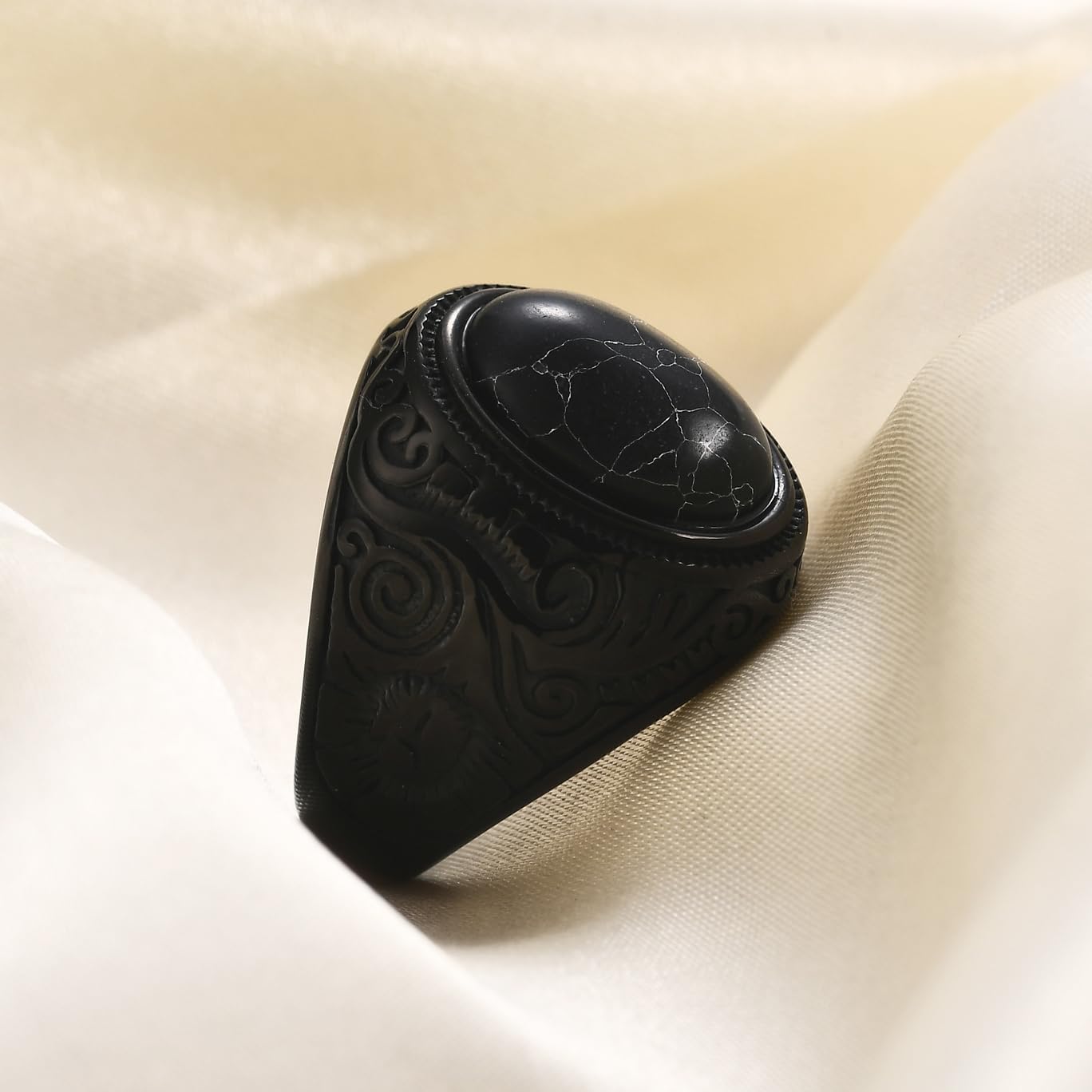 Retro Large Black Stone Wedding Band For Men Classical Gothic Stainless Steel Rings - Image 6