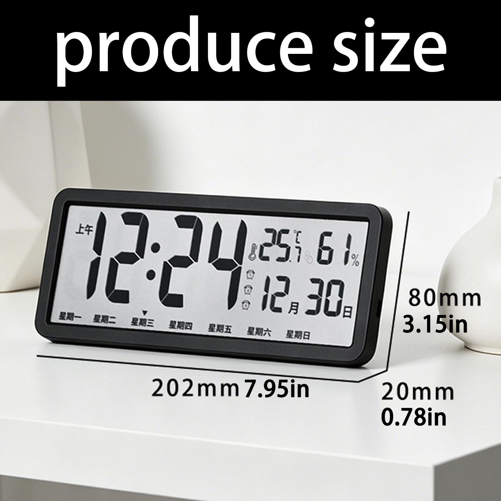 Horloge numérique à grand écran avec heure, date, température et humidité, alimentée par batterie, pour la maison, la chambre à coucher, horloge murale électrique, réveil numérique LED, affichage du