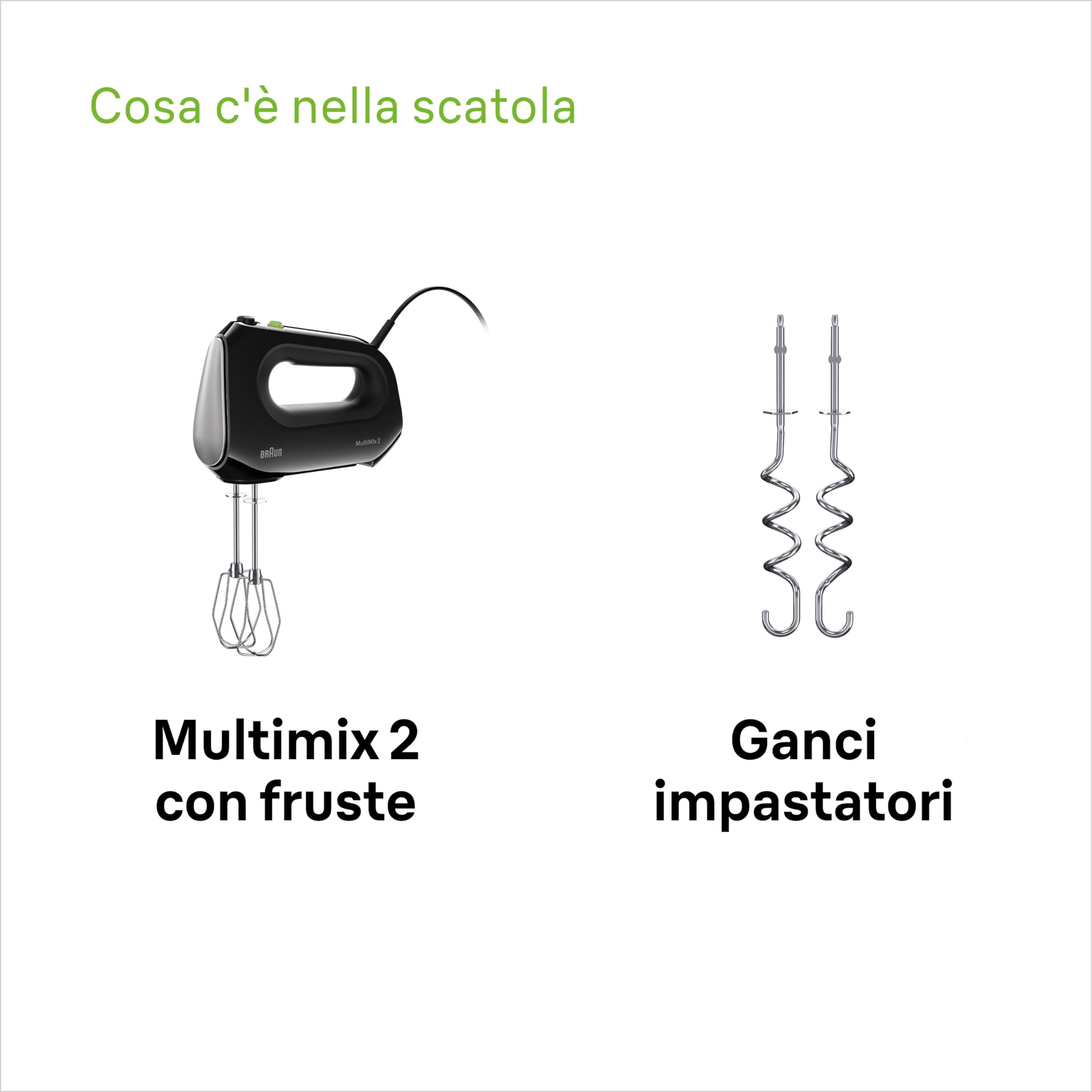 Braun MultiMix 2 HM 2110 BK, Mixer Elettrico Silenzioso con Tecnologia FastMix, 4 Velocità + Turbo, Easy-Click, 2 Fruste e 2 Impastatori Lavabili in Lavastoviglie, 500W, Nero
