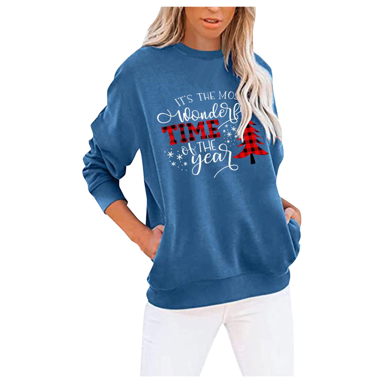 OTBK Women's Comfy Hoodie Casual Christmas Tree Round Neck Pocket Long Sleeved Hoodie women oversized hoodie 89 2387
