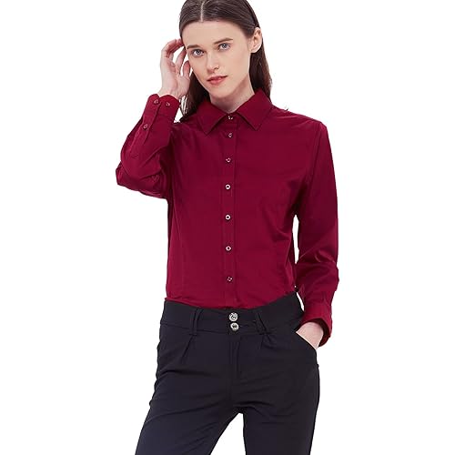 DIYUS Women's Button Down Shirts Slim-Fit Stretchy Cotton Long Sleeve Work Blouse