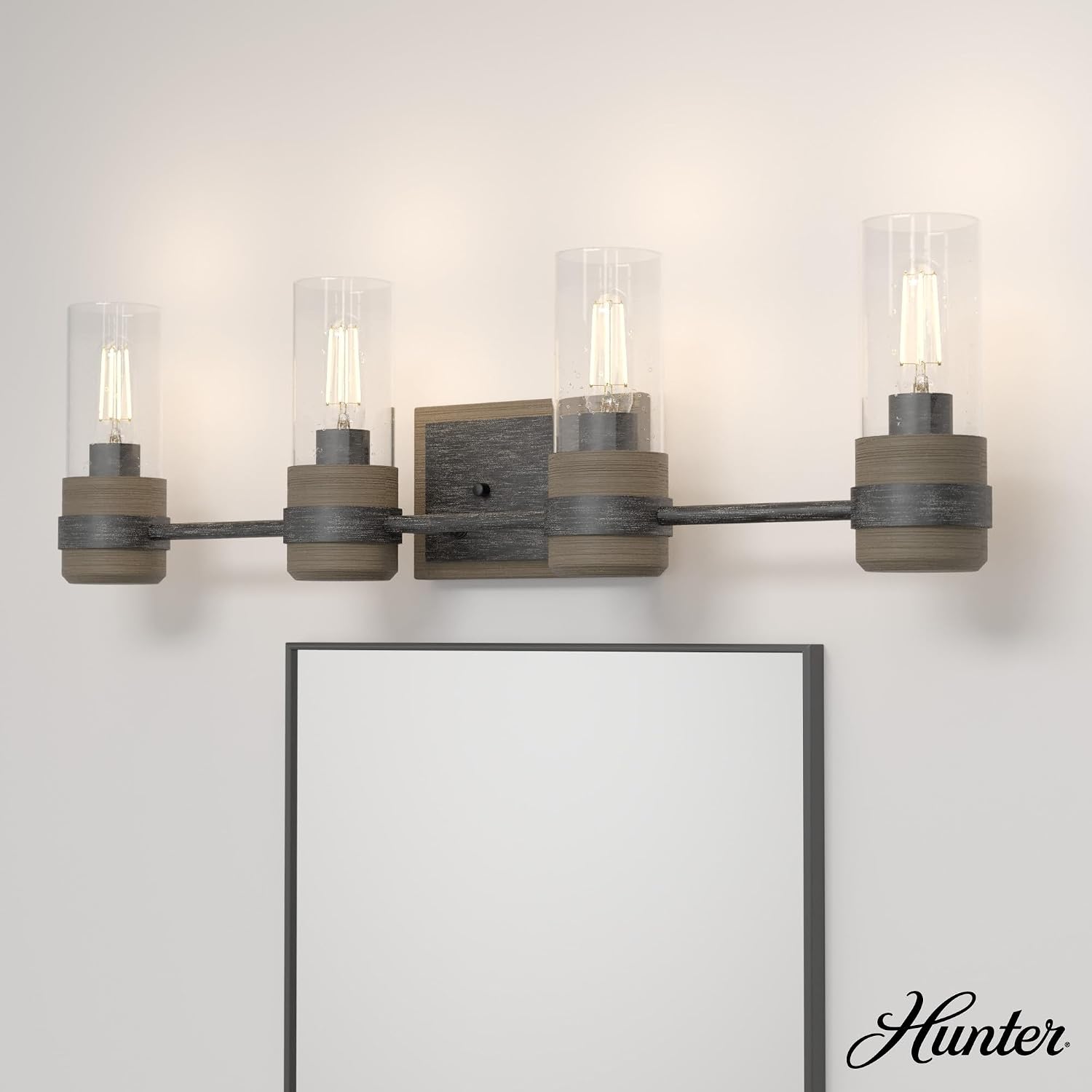 Hunter - River Mill 4-light Rustic Iron, Medium Size Vanity Light, Dimmable, Rustic Style, for Bedrooms, Kitchens, Foyers, Bathrooms - 19468