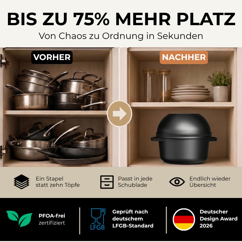Essential Topfset 8-teilig, Töpfe & Pfannen Set mit abnehmbarem Griff, stapelbar und platzsparend, Antihaft Kochtopf Set und Camping Kochset für Induktion und Ceranfeld, einfache Reinigung