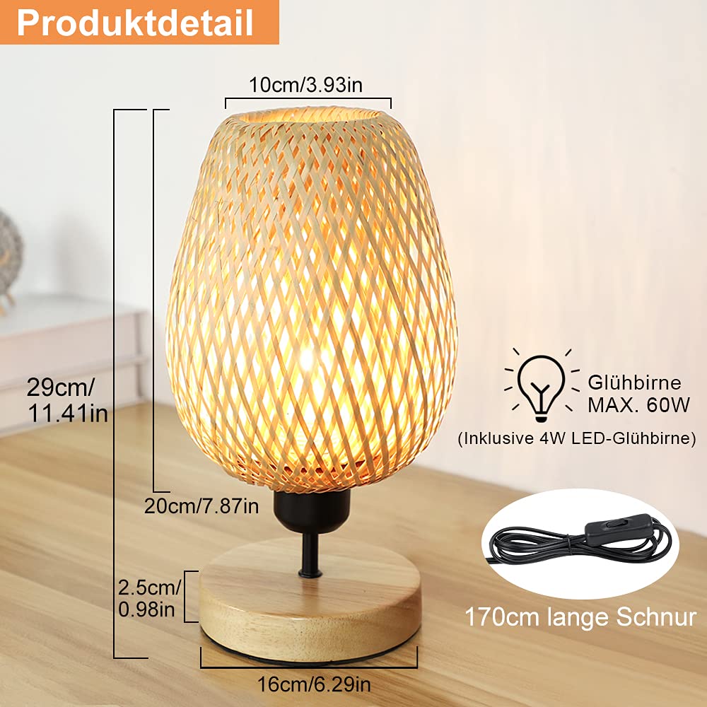 Depuley Modern LED Tischlampe Rattan aus Bambus und Holz, Dekorative Nature Tischleuchte mit E27-Fassung max. 60 Watt, Nachtlicht Leselampe für Schalfzimmer Kinderzimmer, Glühbirne enthalten