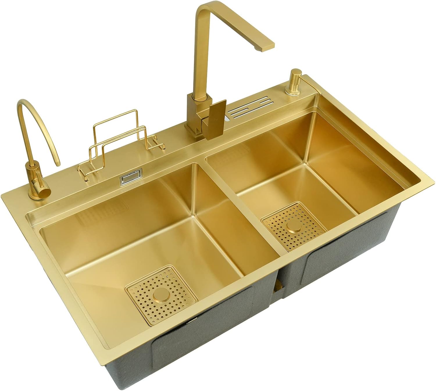 304 Stainless Steel Double Bowl Kitchen Sink Gold Finish Multi Functional for Bar or Caravan Includes Faucet & Drain Drop in or Undermount 82x46x24 cm (Goldf 82x46x24cm)
