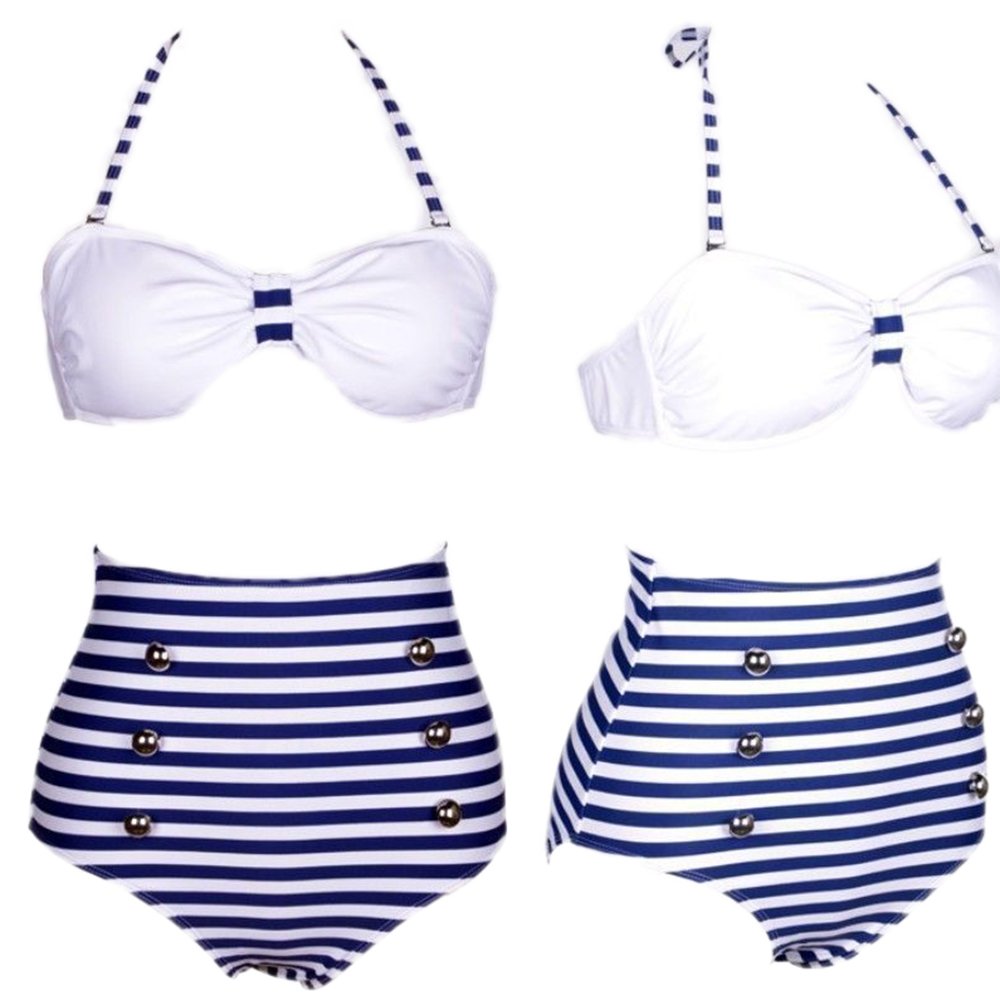 Vintage Blue White Stripe Lace up Secret Swimsuits High Waisted Bikini Swimwear