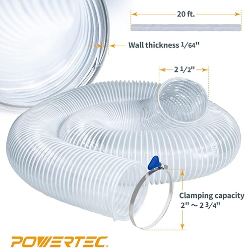 Miniatura 4 de POWERTEC Manguera de recogida de polvo de PVC de 2-12 pulgadas x 20 pies con 2 abrazaderas de manguera de acero inoxidable para sierra de mesa,