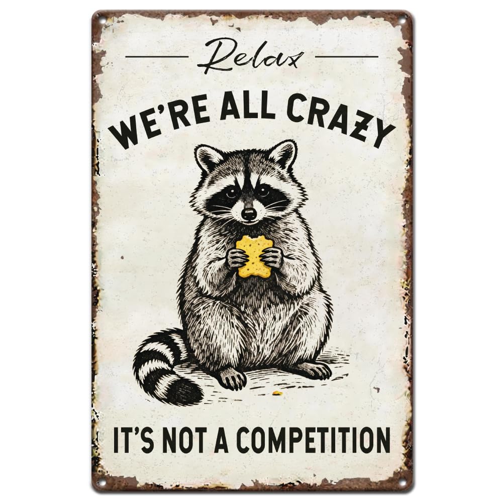 SUPERDANT Raccoon Metal Signs Relax Retro Tin Signs Encouraging Words Funny Vintage Wall Decor Decor Home Livingroom Garage Porch Pre-Drilled Rolled-Edge Iron Plaque Gifts 30x20cm