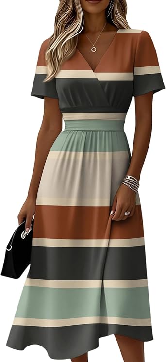 Casual Spring Summer Midi Dresses for Women Trendy Short Sleeve Plus Size Flowy Elegant Formal Ruched A Line Dress