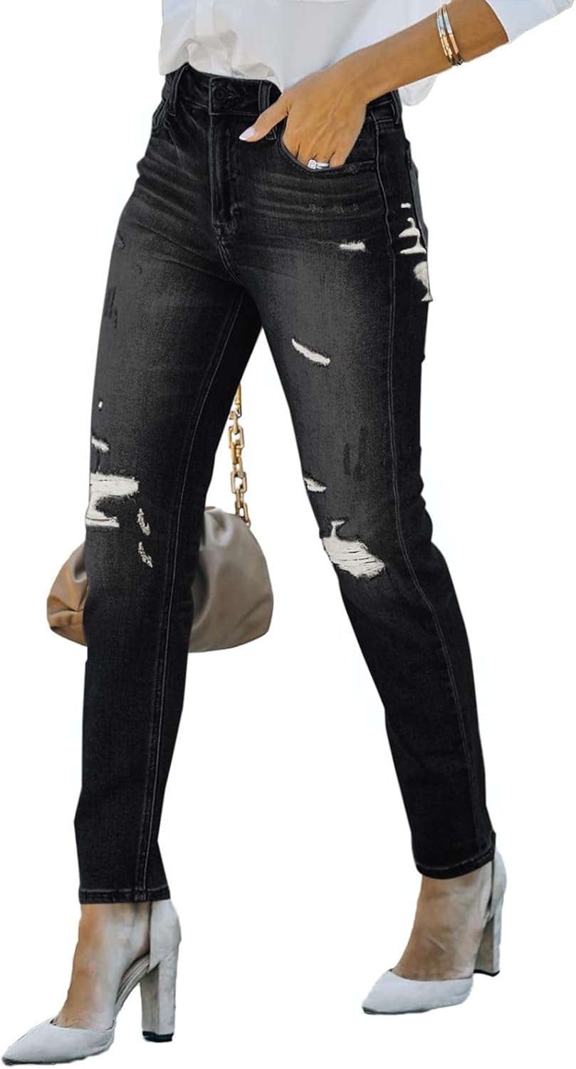 PerZeal Women's Skinny Ripped Trendy Jeans Mid Waisted Destroyed Denim Pants with Frayed Hem (Pack of 2) - Image 4