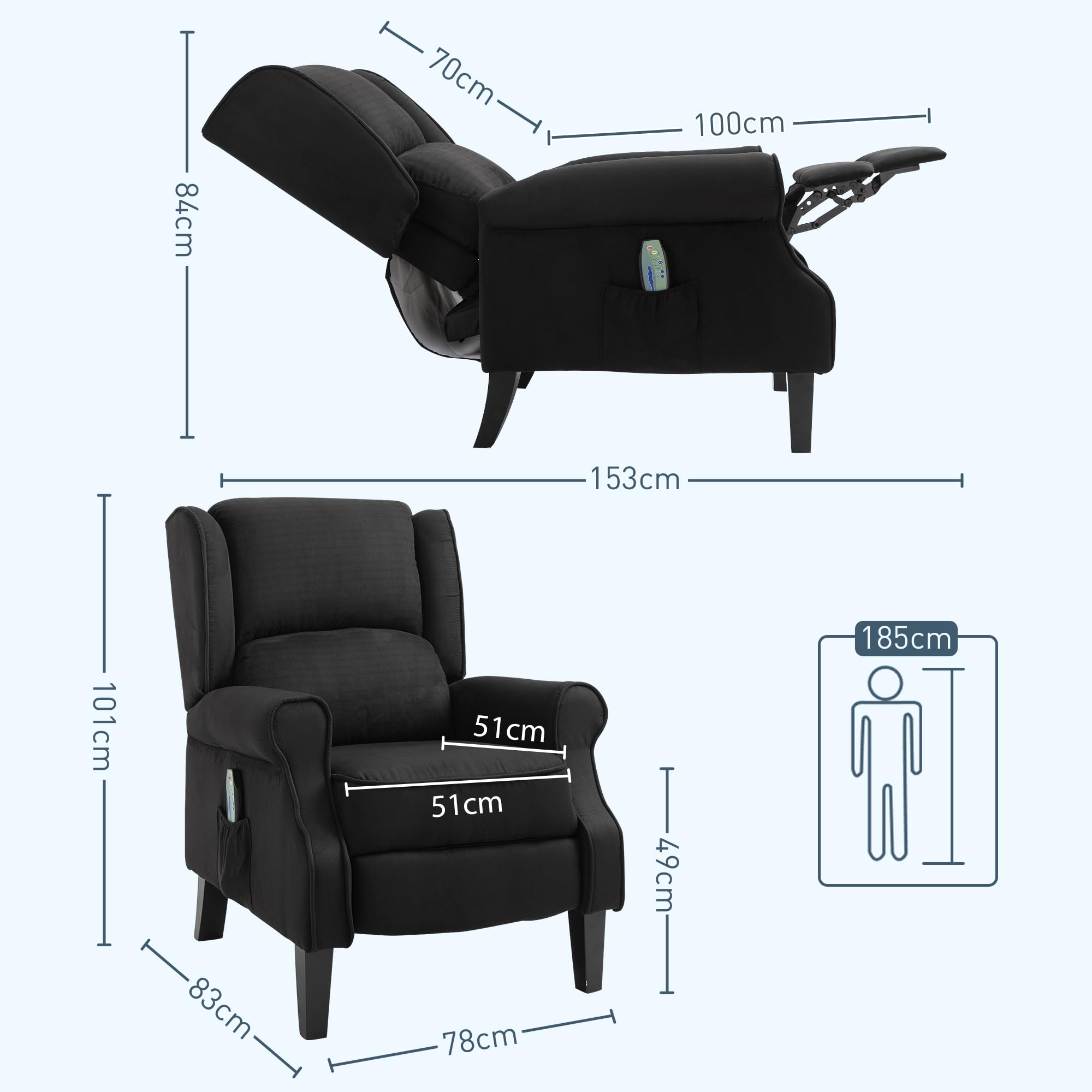 HOMCOM Poltrona Relax Massaggiante Reclinabile con Telecomando Nero | Rivestimento Scamosciato, 78x83x101cm