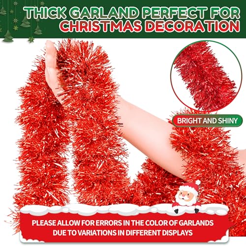 Image of 50 Ft Christmas Tinsel Garland Red Thick Tinsel Garland Xmas Tree Decorations Metallic Tinsel Twist Garland for Christmas, Birthday, Party Decor Indoor Outdoor Party Supplies