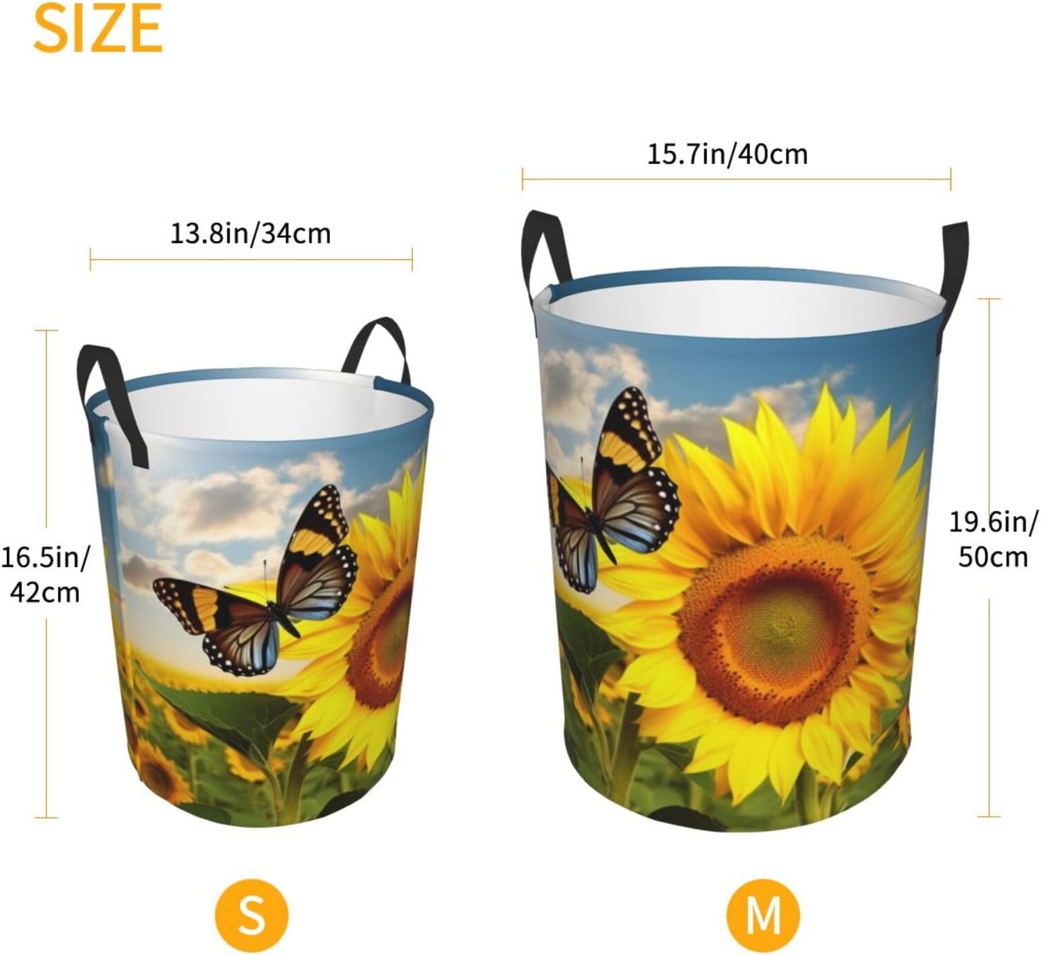 Sunflower Butterfly print Laundry Basket Circular Hamper Waterproof Bathroom Hamper Storage Bin Organizer Basket Laundry Hamper with Handles for Clothes Toys Small