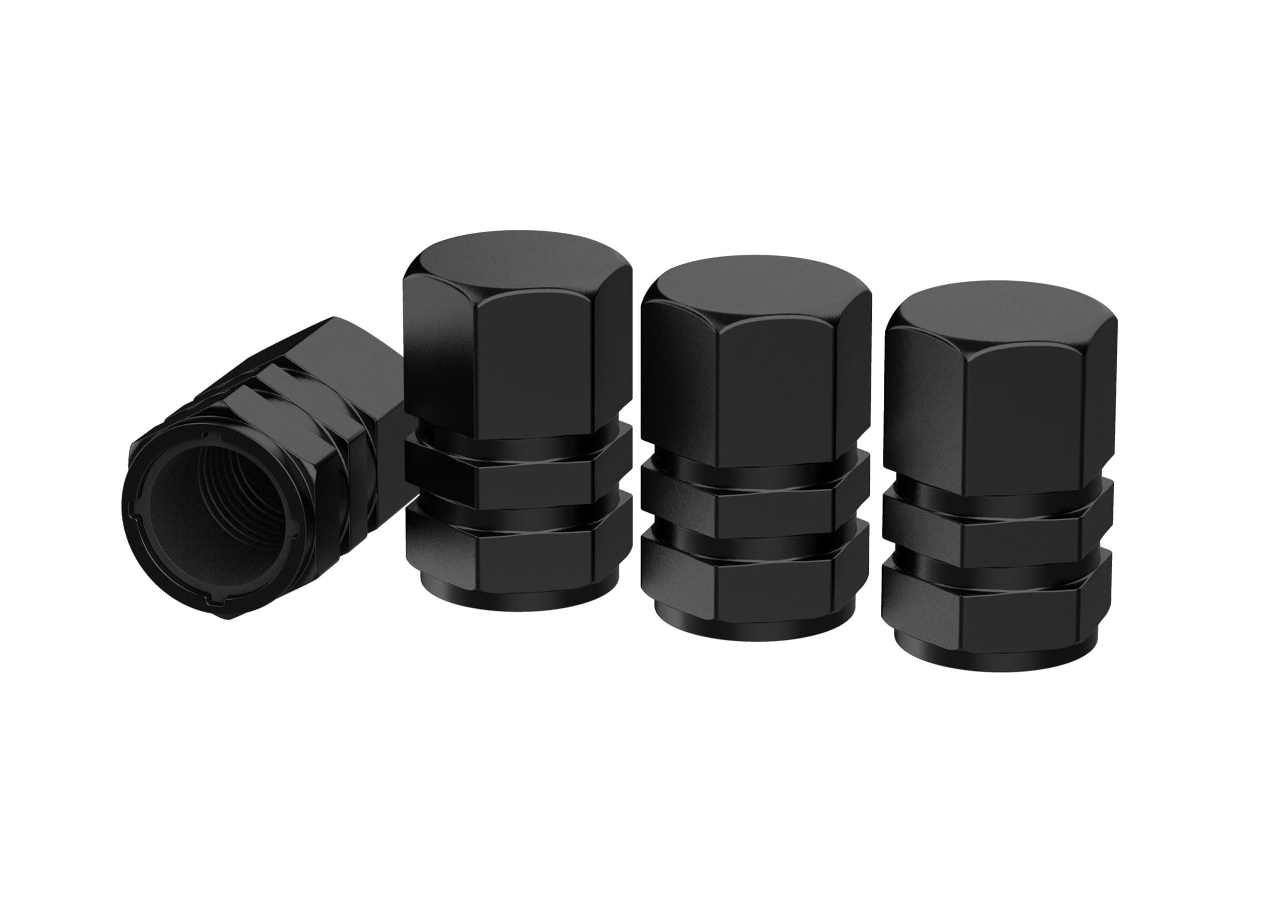 Tire Valve Stem Caps - 4 Pack - Anodized Aluminum - Corrosion Resistant - Cars Trucks Motorcycles SUVs and Bikes - Universal Hexagon Designed stem caps by Vexzu (Black)