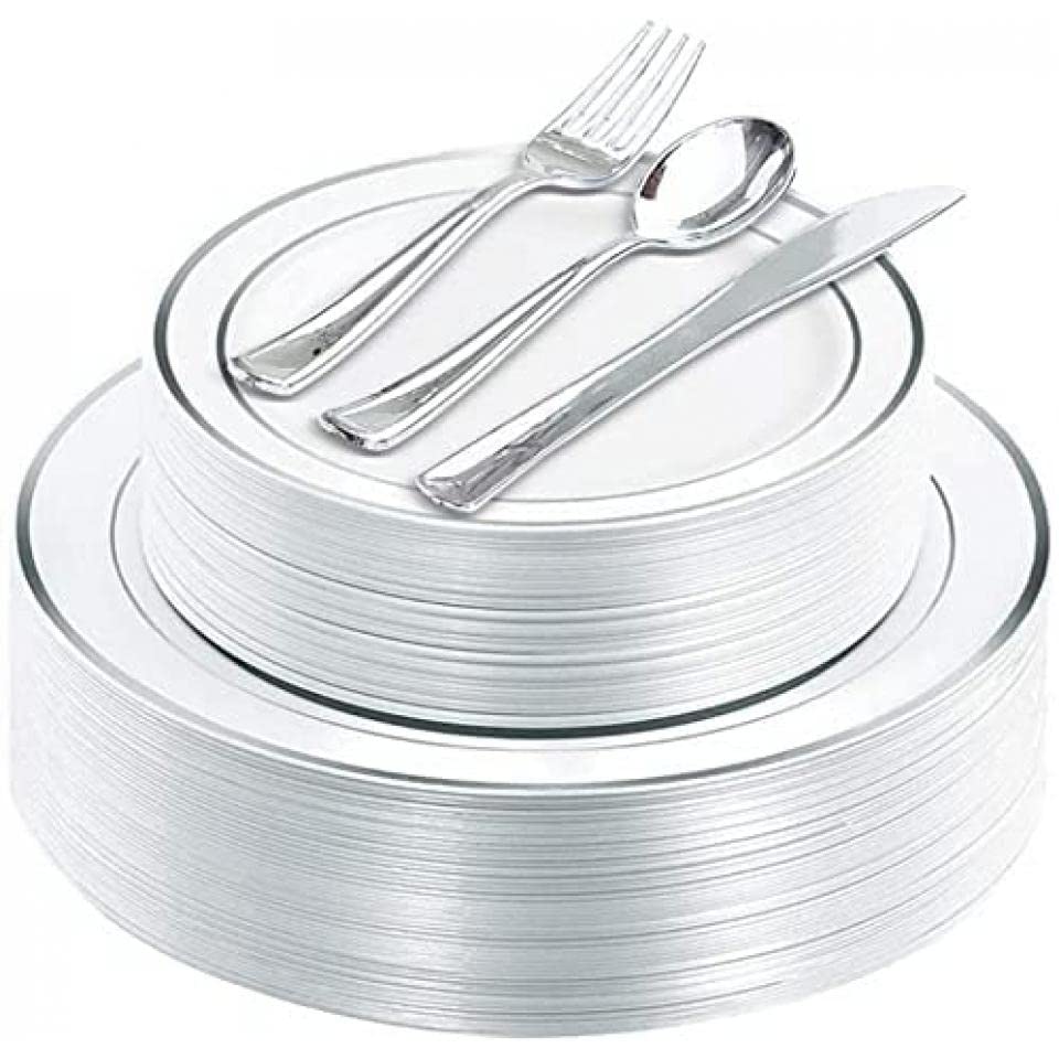 JANNAH 150 PCS Disposable Dinnerware Set Silver Tableware Party Supplies Plates, Spoon, Fork, Rim Plastic Cups for Birthdays, Wedding Parties & Special Occasions
