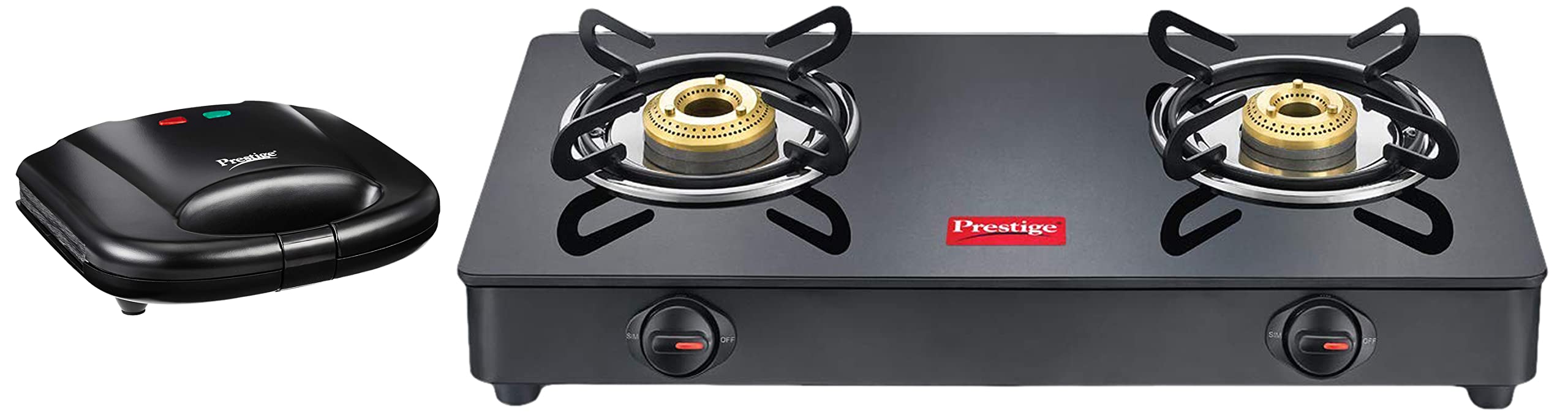 Prestige IRIS LPG Gas Stove, 2 Burner, Black, Powder coater Mild Steel with Glass Top, Manual & Prestige PGMFB 800 Watt Grill Sandwich Toaster with Fixed Grill Plates, Black-image-11