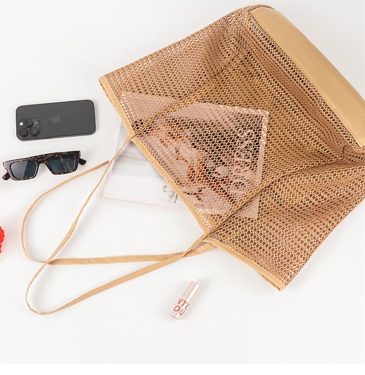 Beach Bags for Women, Summer Travel Mesh Tote Bag with Large Inner Pocket, Sandproof Woven Shoulder Handbag (Beige)3