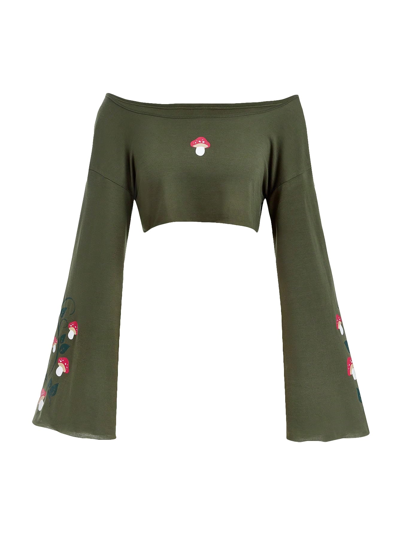 SOLY HUX Women's Off Shoulder Bell Long Sleeve Crop Top Mushroom Print Tee T Shirt