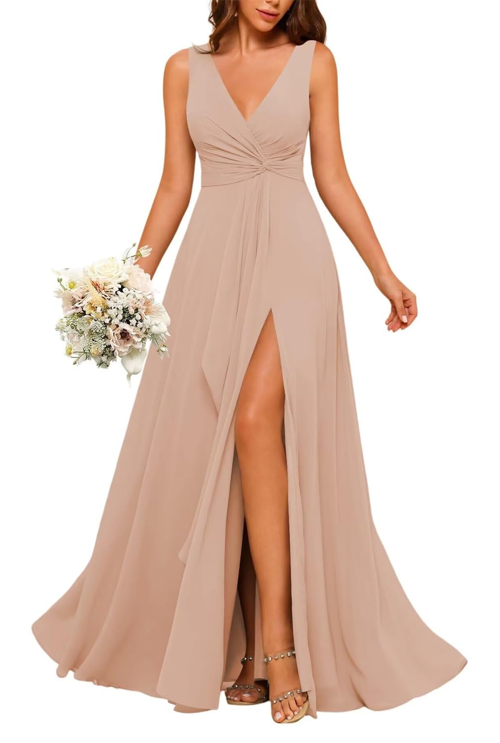 HPPEE V Neck Chiffon Bridesmaid Dresses Dusty Rose for Women with Slit Beach Formal Dress for Wedding Party UK12