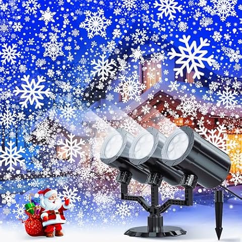 Christmas Projector Lights Outdoor,Christmas Snowflake Projector Lights IP65 Waterproof, LED Rotating Snowfall Decor Garden Party Outdoor Christmas Decoration for Atmosphere - Upgraded 3-Head Cover