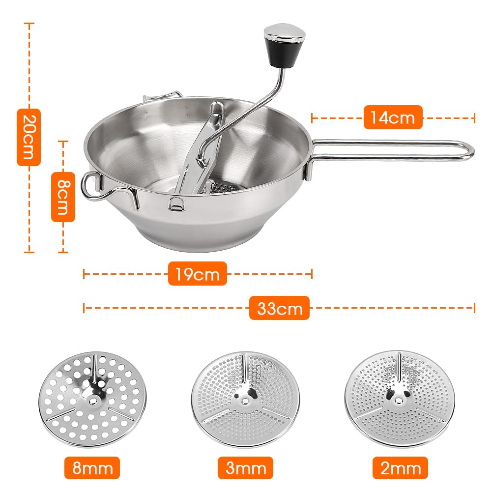 Molinillo de alimentos de acero inoxidable, prensa de patatas con 3 placas de trituración intercambiables, trituradora manual de alimentos, molinillo de cocina para macerar, tamizar frutas
