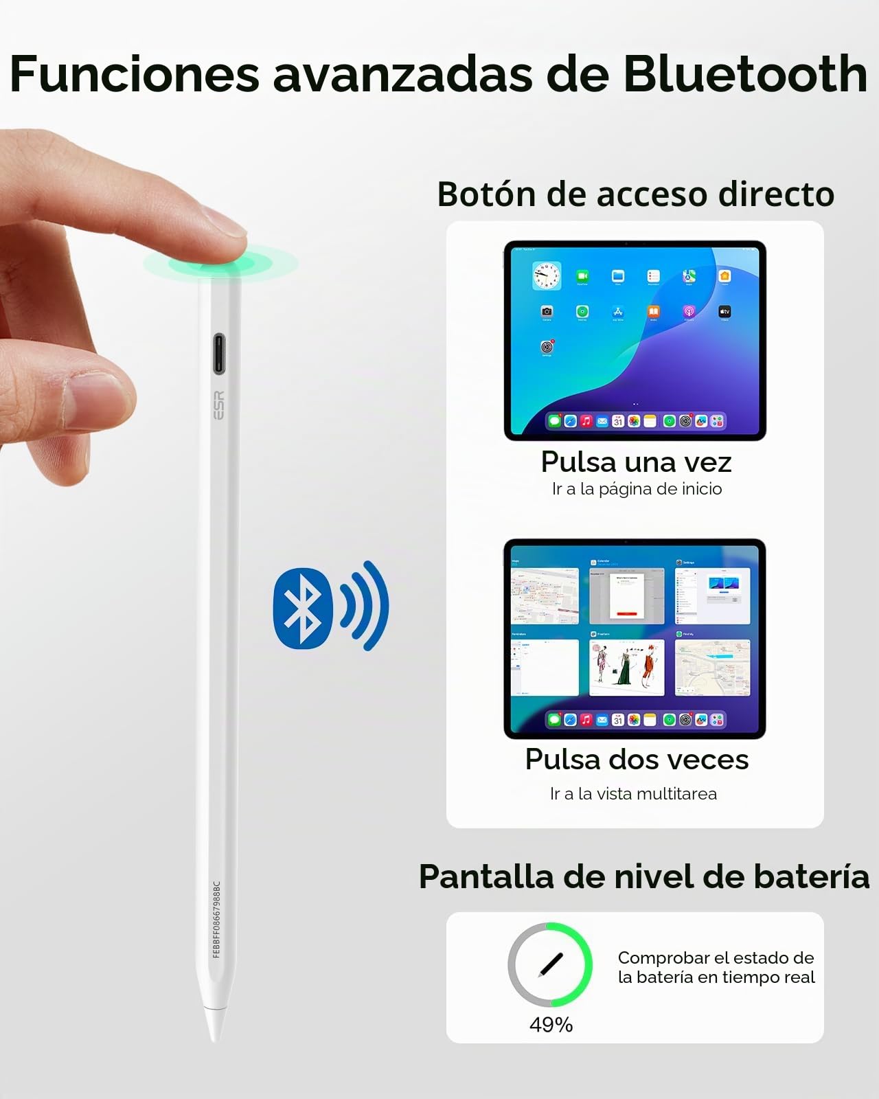 ESR Find My Lápiz para Apple iPad 2018-2025, Geo Digital Pencil con Accesos Directos Fáciles para iPad A16/10/9/8 y Air 13/11 y Pro 12.9/13/11 y Mini 7/6/5, Blanco (sin Carga inalámbrica)