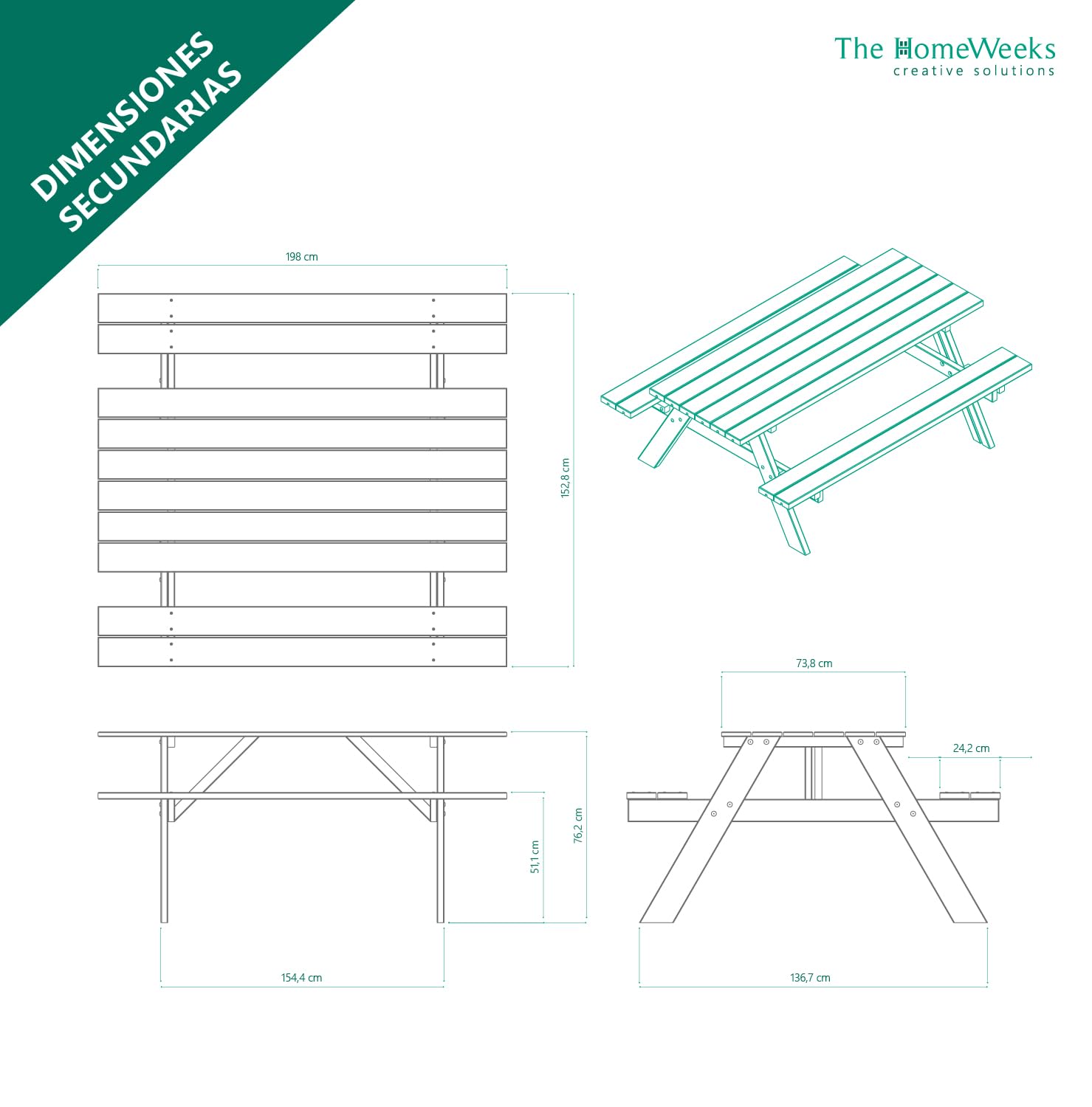 The Homeweeks Mesa Picnic jardín Madera tratada en Autoclave | Strong 200 | con 2 Bancos abatibles | 198x154x74 cm | 8/10 Adultos | Espesor 42 mm | normativa EN581 | FSC