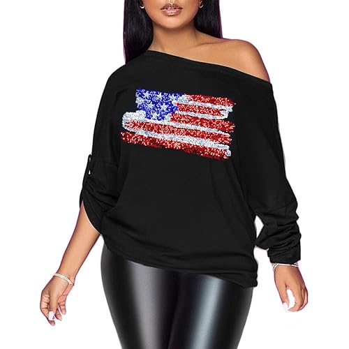 PESION Womens Off The Shoulder Tops Sexy Shiny Metallic Shirts Long Sleeves Fashion Graphic T-Shirts Blouses